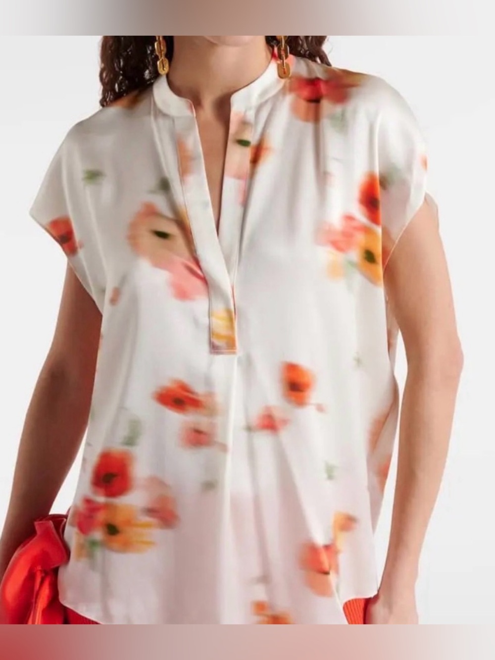Vince Women’s 100% Silk Band Collar Poppy blur floral print Blouse Size M